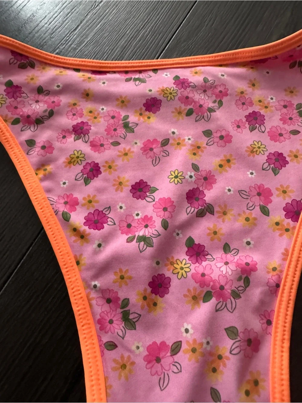 Frankie's Bikinis Pink Floral High-Cut Bikini Bottom with Orange Trim
